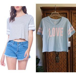 3/$10 Almost Famous 'LOVE' Varsity Stripe Cropped Tee, Blue/White - NWT, Size S!